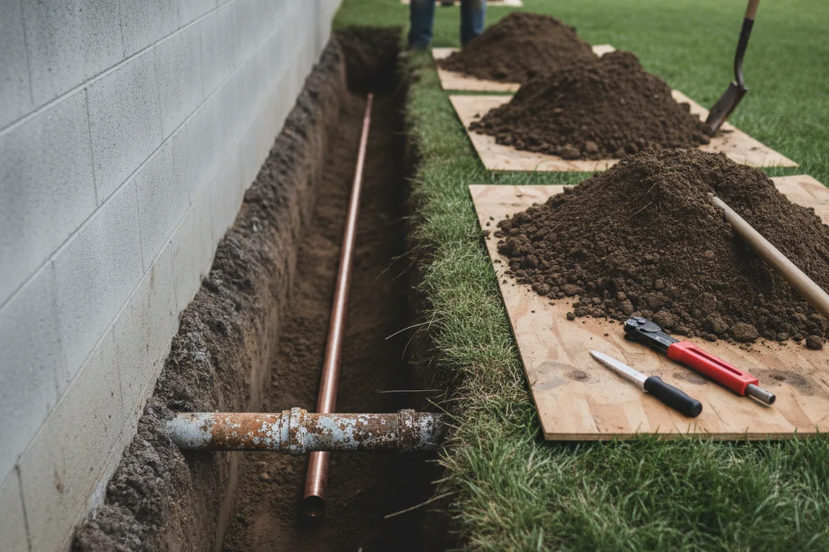 Excavated water line trench during Water Heater Repair in Ninety Six